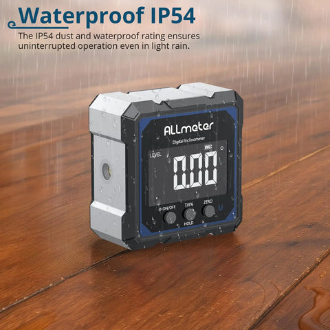 Pro Grade Digital Angle Finder With Laser Magnetic Box Level shown with waterproof IP54 rating on wooden surface