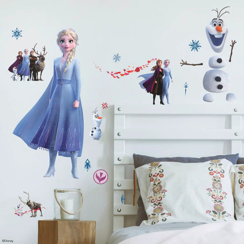 Frozen 2 Peel And Stick Wall Decals Set With 21 Removable Pieces For Smooth Surfaces Easy To Apply And Reposition Create A Cozy Playroom Wall Art Space For Kids on bedroom wall with Elsa, Anna, Olaf, Kristoff, and Sven characters