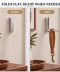 Top Shelf Fold Down Wall Hooks For Heavy Jackets And Keys Set Of Four Brushed Silver Zinc Alloy shown open and closed on wall.