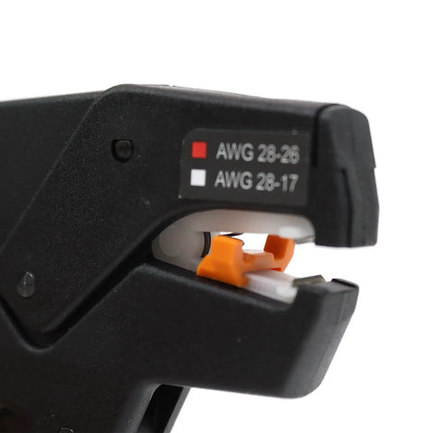 Close-up of Mini Stripax Plus Automatic Wire Stripper And Cutter for 28 to 18 AWG PVC and Teflon insulated wires.