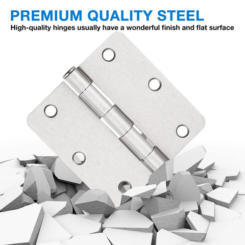 Top Shelf 24 Pack Brushed Nickel Door Hinges 3.5 Inch Square With Rounded Corners 6 Hole Pattern For Doors Cabinets Includes 144 Screws laid on a pile of white stones.