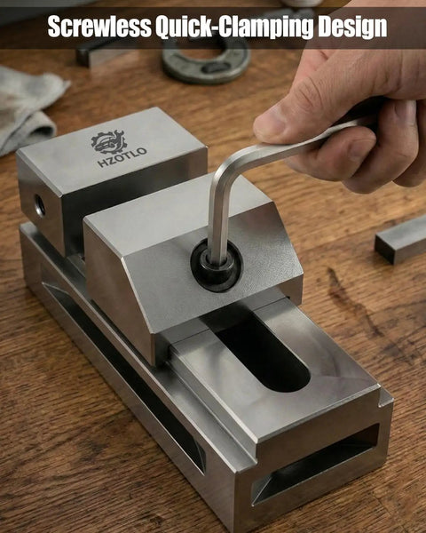 Top Pick 2 Inch Precision Vise For Machinists Built Bulletproof With Heavy Duty Alloy Steel And Screwless Quick Release Setup, close-up view of clamping design.