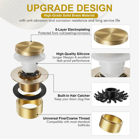 Sleek Champagne Bronze Bathtub Drain Kit With Overflow And Integrated Hair Catcher For A Major Bathroom Flex Featuring Smudge Proof Coating and Rugged Hardware, showcasing components and features.