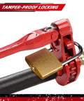 4 Pack Folding Handle Load Binder With 2 Grab Hooks For Three Eighths To One Half Inch Grade 70 Chain Heavy Duty Tie Down Gear 9400 Pound Working Load Limit showing tamper-proof locking feature