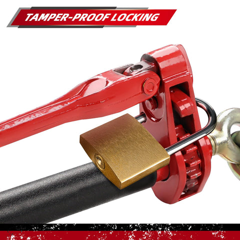 4 Pack Folding Handle Load Binder With 2 Grab Hooks For Three Eighths To One Half Inch Grade 70 Chain Heavy Duty Tie Down Gear 9400 Pound Working Load Limit showing tamper-proof locking feature