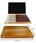 8 Piece M2 HSS Wood Lathe Chisel Set with Long Handle in wooden case, includes roughing gouge, spindle gouge, bowl gouge, scraper, parting tool, skew chisel
