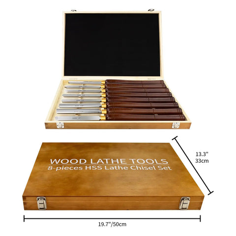 8 Piece M2 HSS Wood Lathe Chisel Set with Long Handle in wooden case, includes roughing gouge, spindle gouge, bowl gouge, scraper, parting tool, skew chisel