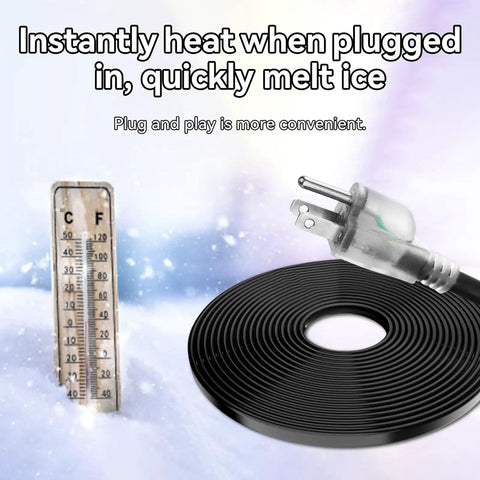 Plug In Pipe Heating Cable With Built In Thermostat For Outdoor Water Pipes No Fuss Anti Freeze Kit Self Regulating And Energy Saving 100 To 120V 11.8 Feet with thermometer and ice.