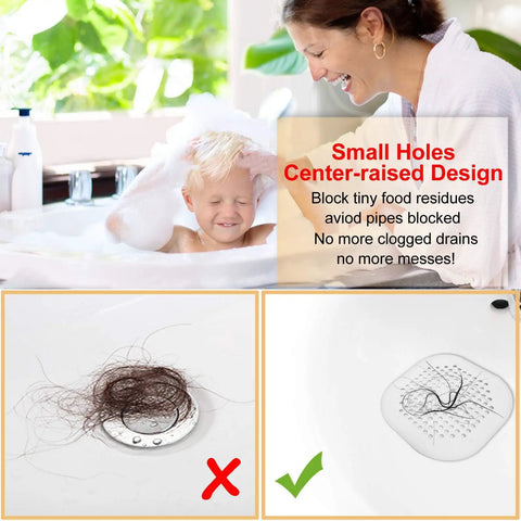 Square Silver Grey Hair Drain Catcher With Strong Suction Cup, Easy Peasy Shower Sink Filter That Kicks Clogs To The Curb in bath setting.