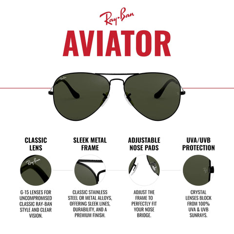Classic Aviator Sunglasses For Men And Women Black Frame With G-15 Green Lenses 58 mm Eye Size Timeless Pilot Style UV Protection