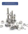 Assorted stainless steel nuts, bolts, and washers with good corrosion resistance displayed on white background.