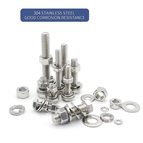 Assorted stainless steel nuts, bolts, and washers with good corrosion resistance displayed on white background.