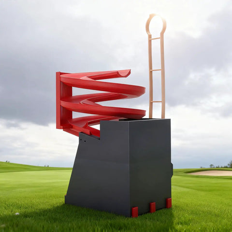 Portable Golf Ball Dispenser With Automatic Ball Delivery And Smart Tee Up System on grass with red spiral ramp
