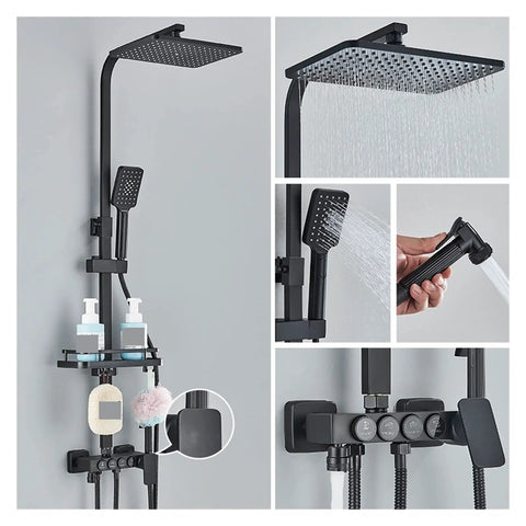 RIBEUJIZS Digital Shower System, Black Themostatic Digital Display Shower Faucet Hydropower LCD with hand shower and wall holder.