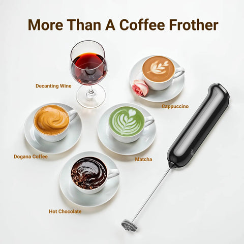 Barista Grade Variable Speed Milk Frother With Battery Operated Handheld Wand And Stand next to various drinks