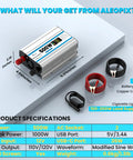 Heavy Duty Car Power Inverter 500W Converts 12V DC To 120V AC With Dual Wall Sockets And Quick Charge USB Ports For Your Daily Whip Weekend Cruises on a blue tabletop with specifications.