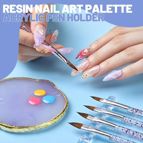 Nail Art Tools Set With 23 Pcs Brushes And 5 Pcs Dotting Tools, resin palette, and brushes in use on designed nails.