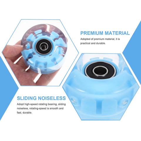 Close-up view of a single blue LED roller skate wheel showing bearings, part of Lit Up Roller Skate Wheels 4 Pack Blue LED Quad Wheels For Outdoor Skating.