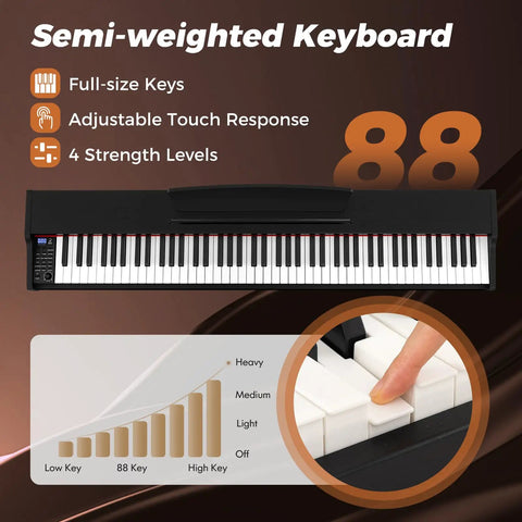 Illustration of Portable 88 Keys Semi Weighted Electric Digital Piano With Stand Dual Speakers And Triple Pedals For Beginners