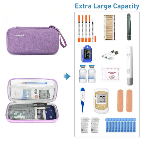 Purple insulin cooler travel case with EVA insulation, fits seven insulin pens and glucose monitor, TSA approved.