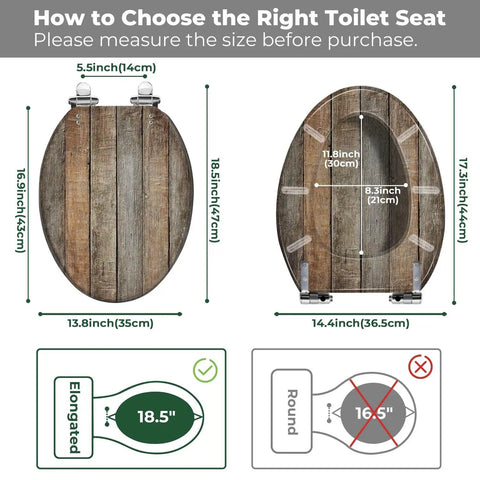 Toilet Seat Elongated Resin for Bathroom showing measurement guide for oval-shaped seat dimensions and compatibility.