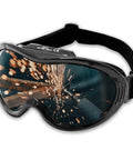 PIT VIPER Shade 5 Welding Goggles With Anti Fog Anti Scratch Lenses in use during metalwork with sparks, black adjustable strap