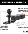 3 In 1 ATV Hitch Ball Mount For 2 Inch Receivers With 2 Inch Ball Five Eighth Inch Hole And Clevis Pin, black steel
