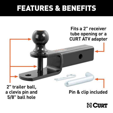 3 In 1 ATV Hitch Ball Mount For 2 Inch Receivers With 2 Inch Ball Five Eighth Inch Hole And Clevis Pin, black steel
