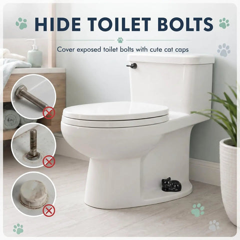 Straight Up Adorable Cat Shaped Ceramic Toilet Bolt Covers Plus Decorative Screw Knob Caps For Quick Bathroom Hardware Refresh shown on toilet.