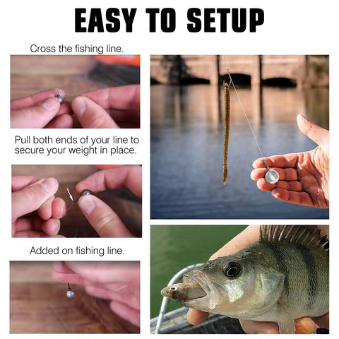 Hands setting up Casting Bass Sinker Weights Set, Round Lead Removable Weights for Freshwater Fishing on fishing line.