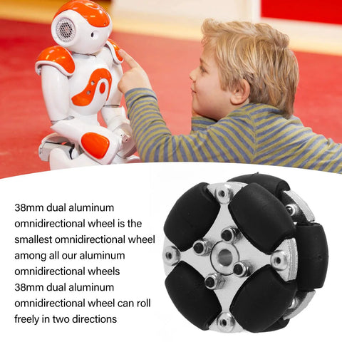 EVTSCAN 38mm double aluminum omni wheel with metal hubs, shown beside a toy robot