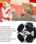 Close-up of a 38mm dual aluminum omnidirectional wheel with PU rollers and metal hubs for small robot cars.
