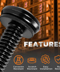 Close-up of 12 24 Rack Screws With Nylon Washers server rack mounting hardware, black finish showcasing corrosion, scratch, and rust resistance.