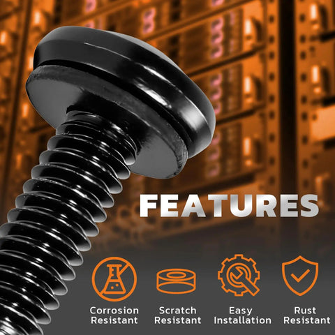 Close-up of 12 24 Rack Screws With Nylon Washers server rack mounting hardware, black finish showcasing corrosion, scratch, and rust resistance.