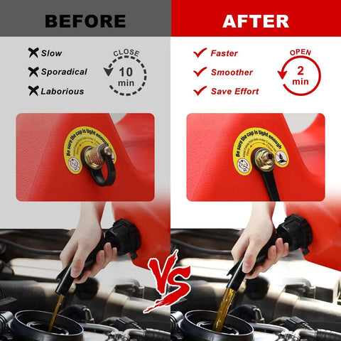 Comparison of gas can pouring with and without Six Pack Universal Gas Can Vent Caps Replacement Vent Plugs For Faster Flow