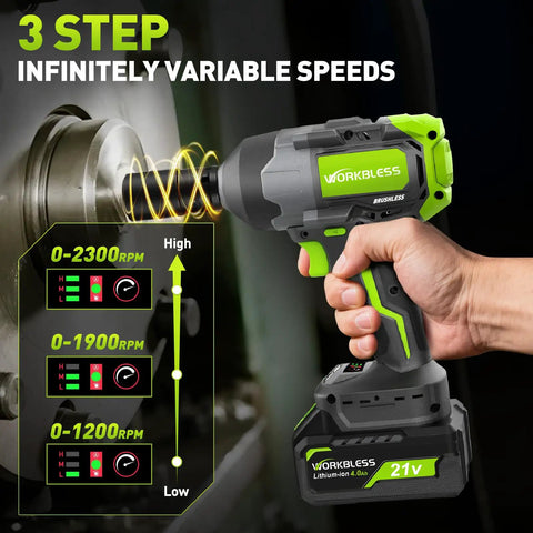 Cordless Half Inch Impact Wrench With 1200 Nm High Torque showing speed settings, suitable for car tire changes and truck maintenance