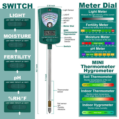 7 In 1 Soil Tester For Moisture PH Fertility Light Temperature Humidity With LCD Display And Pointer For Garden Farm Lawn Indoor Outdoor Plant Monitoring, front view