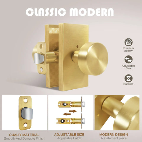 Privacy Door Knob Set With Lock For Bedroom And Bathroom Satin Brass Rectangle Rosette Handle Modern Interior Door Hardware