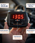 Mini Bass Meter Version 2 Compact Standalone Subwoofer Sound Pressure Meter With Voltage Measurement For Car Audio Bass Testing Tool 10 Hz To 120 Hz Range And 110 dB To 185 dB Measurement For Precise Bass Tuning On The Go in hand