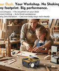 Ultra Compact Mini Table Saw For Crafters And DIYers with dual switch safety on workshop table with mother and child crafting