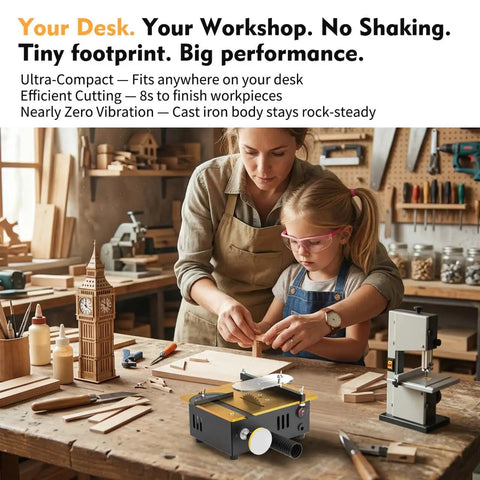 Ultra Compact Mini Table Saw For Crafters And DIYers with dual switch safety on workshop table with mother and child crafting