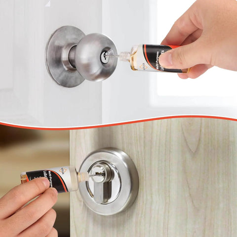 All-In-One Door And Lock Lubricant Kit With 4.4oz Bottle, 3.4oz Spray And 1oz Precision Oiler For Squeaky Hinges, Locks, Sliding Doors, Garage Doors And More, No More Squeaks, Quiet, Smooth Operation For Every Door In The House applied to door lock.