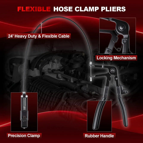 9 Piece Hose Clamp Pliers Set For Auto Work With Long Reach Cable Pliers, focusing on flexible cable and locking mechanism.