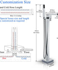 Diagram showing Floor Mount Waterfall Tub Filler Faucet Chrome Finish With Hand Shower Freestanding Bathtub Faucet dimensions.