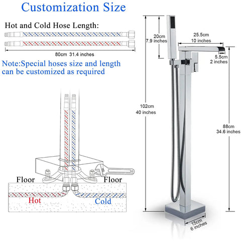 Diagram showing Floor Mount Waterfall Tub Filler Faucet Chrome Finish With Hand Shower Freestanding Bathtub Faucet dimensions.