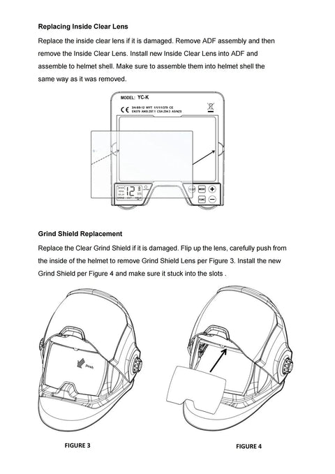 Diagram showing replacement of inside clear lens and grind shield for TF WH10 welding helmet, part of Replacement Welding Helmet Lens Kit.