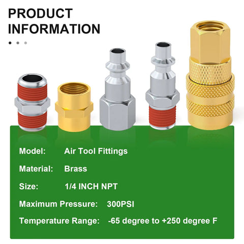 Air Hose Fittings Kit 1/4 Inch NPT Quick Connect Coupler And Plug Set I M Type 14 Pieces For Air Compressors Easy Push To Connect High Flow 300 PSI