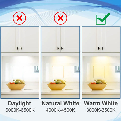 12 Pack G8 LED Bulbs Dimmable 120V T4 20W Warm White 3000K under cabinet lighting comparison with daylight, natural, and warm white options
