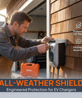 Man installing Heavy Duty EV Charger Protective Housing With Waterproof Outdoor Box Cover Built From Rock Solid Stainless Steel.