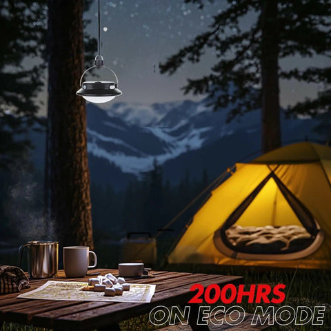 Gen 2 3000LM UFO Camping Lantern hanging in campsite at night with tent and mountains in background, 200-hour runtime.